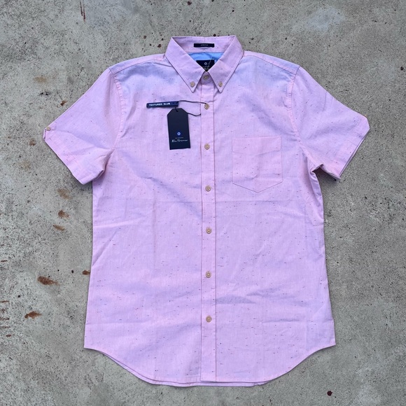 Ben Sherman Short Sleeve Slub Twill Shirt Stretch PINK Textured NEW NWT - Picture 1 of 7